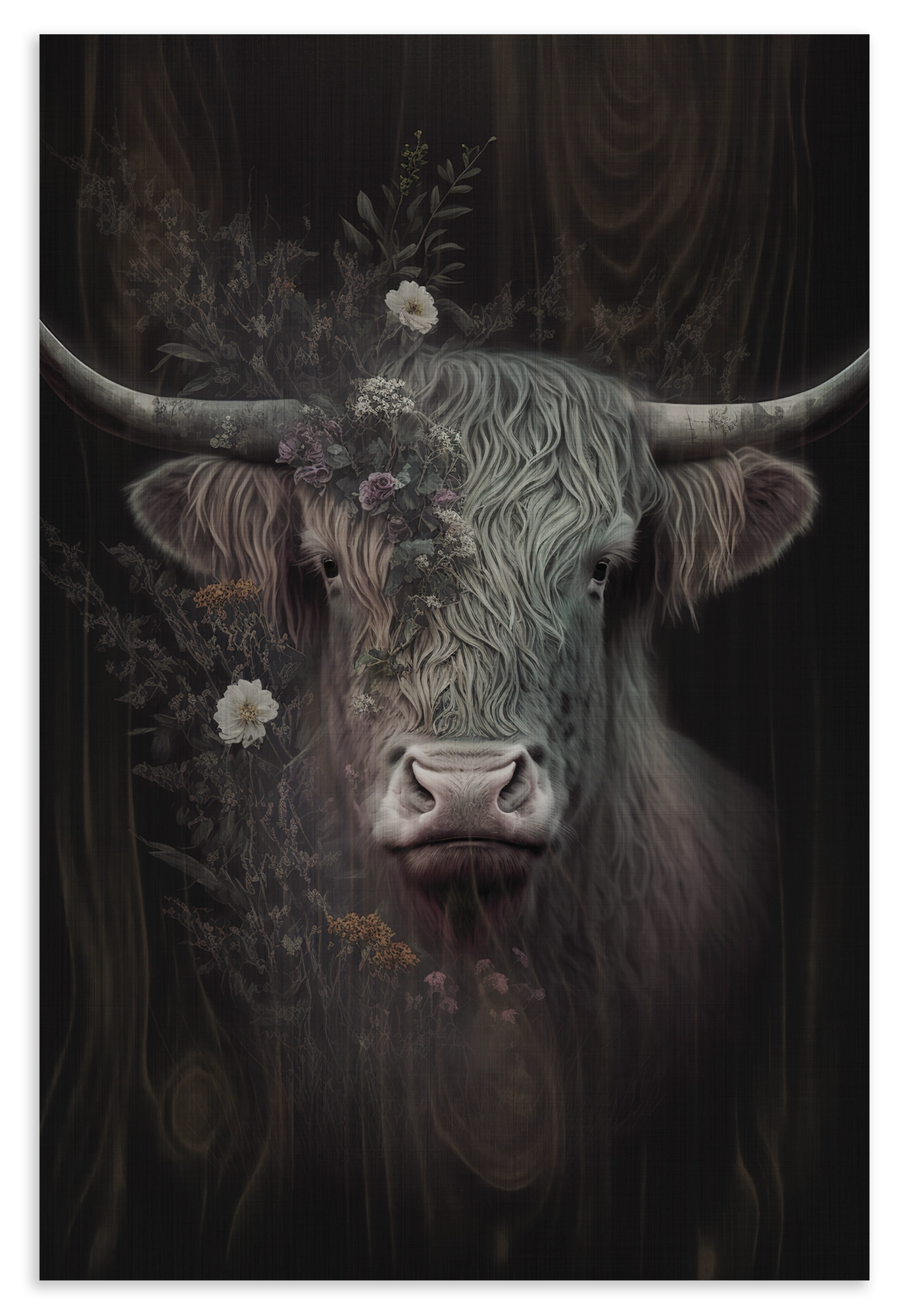 Houten wanddecoratie Schotse hooglander: donkere Schotse hooglander met grote hoorns en bloemen.