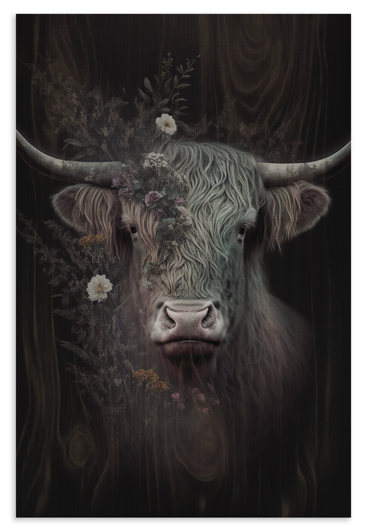 Houten wanddecoratie Schotse hooglander: donkere Schotse hooglander met grote hoorns en bloemen.
