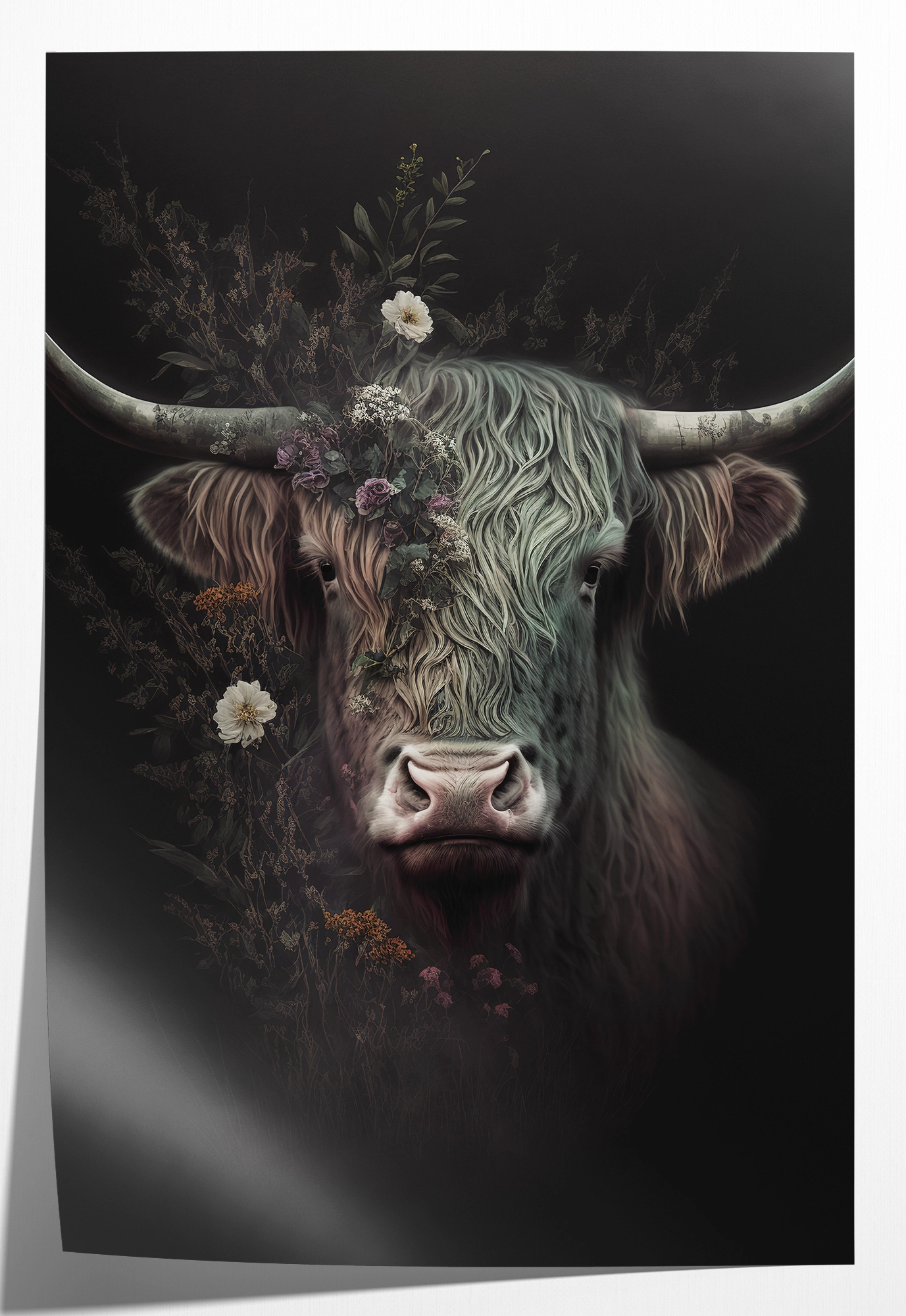 Papieren poster Schotse hooglander: donkere Schotse hooglander met grote hoorns en bloemen.