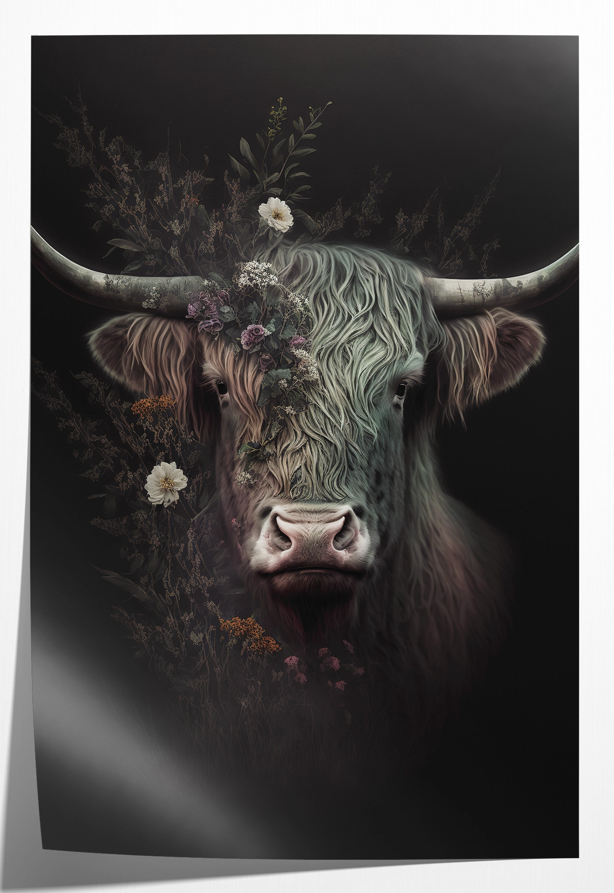 Papieren poster Schotse hooglander: donkere Schotse hooglander met grote hoorns en bloemen.