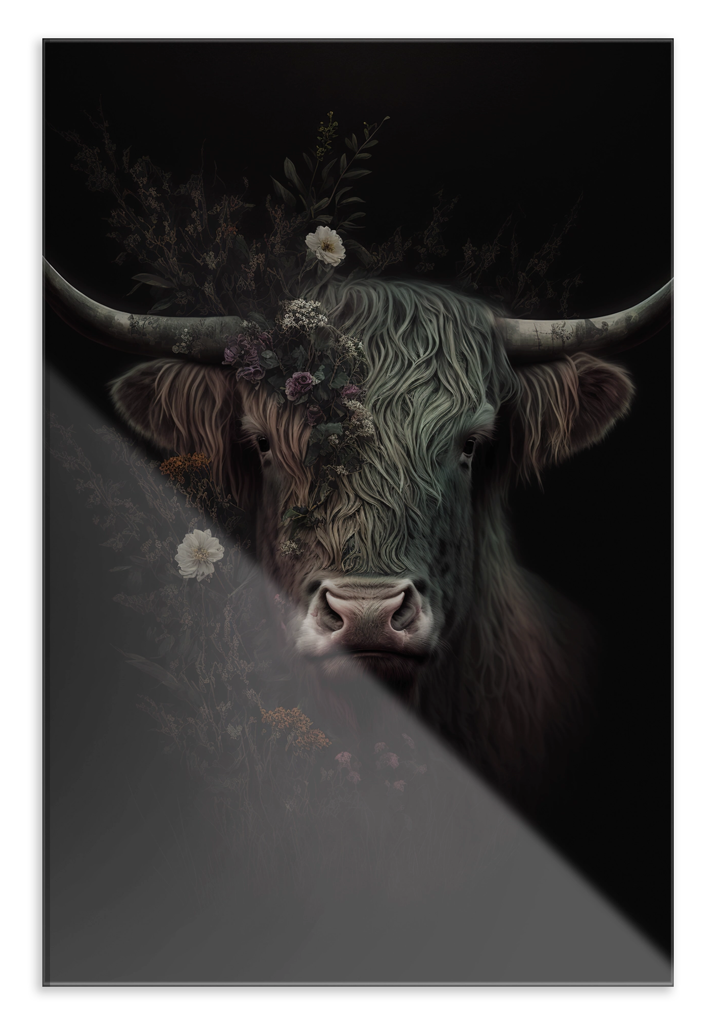 Plexiglas schilderij Schotse hooglander: donkere Schotse hooglander met grote hoorns en bloemen.