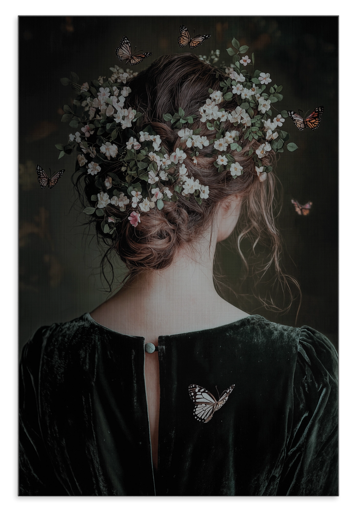 Aluminium Dibond schilderij Selma: vrouw van achteren met bloemen en vlinders in het haar.