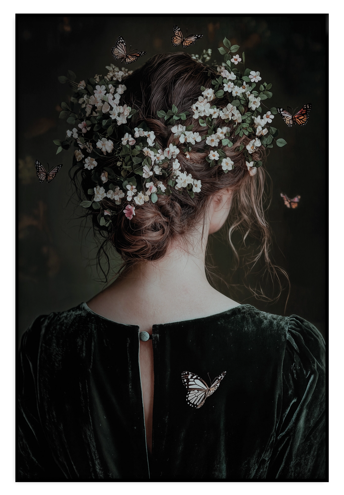 Artframe Selma: vrouw van achteren met bloemen en vlinders in het haar.