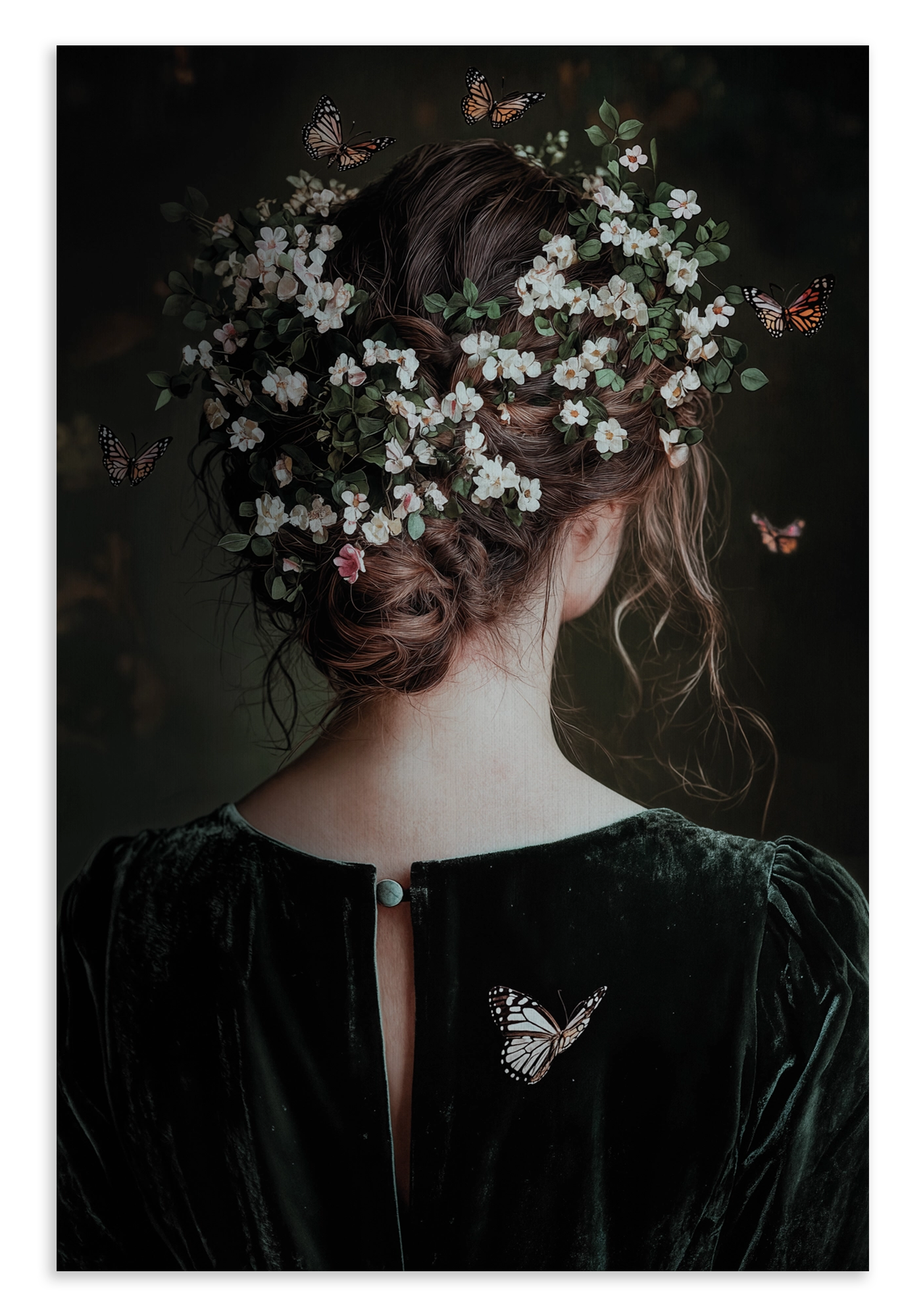 Canvas schilderij Selma: vrouw van achteren met bloemen en vlinders in het haar.