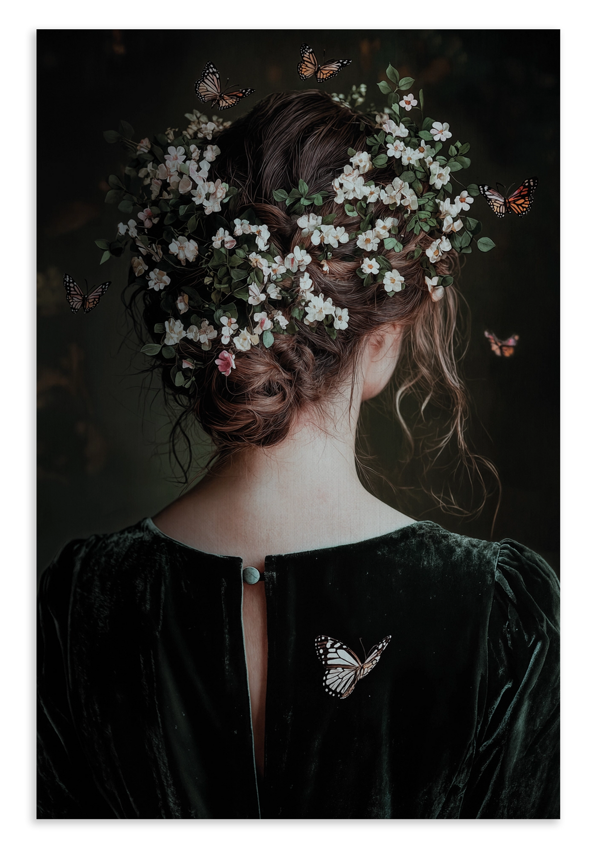 Canvas schilderij Selma: vrouw van achteren met bloemen en vlinders in het haar.