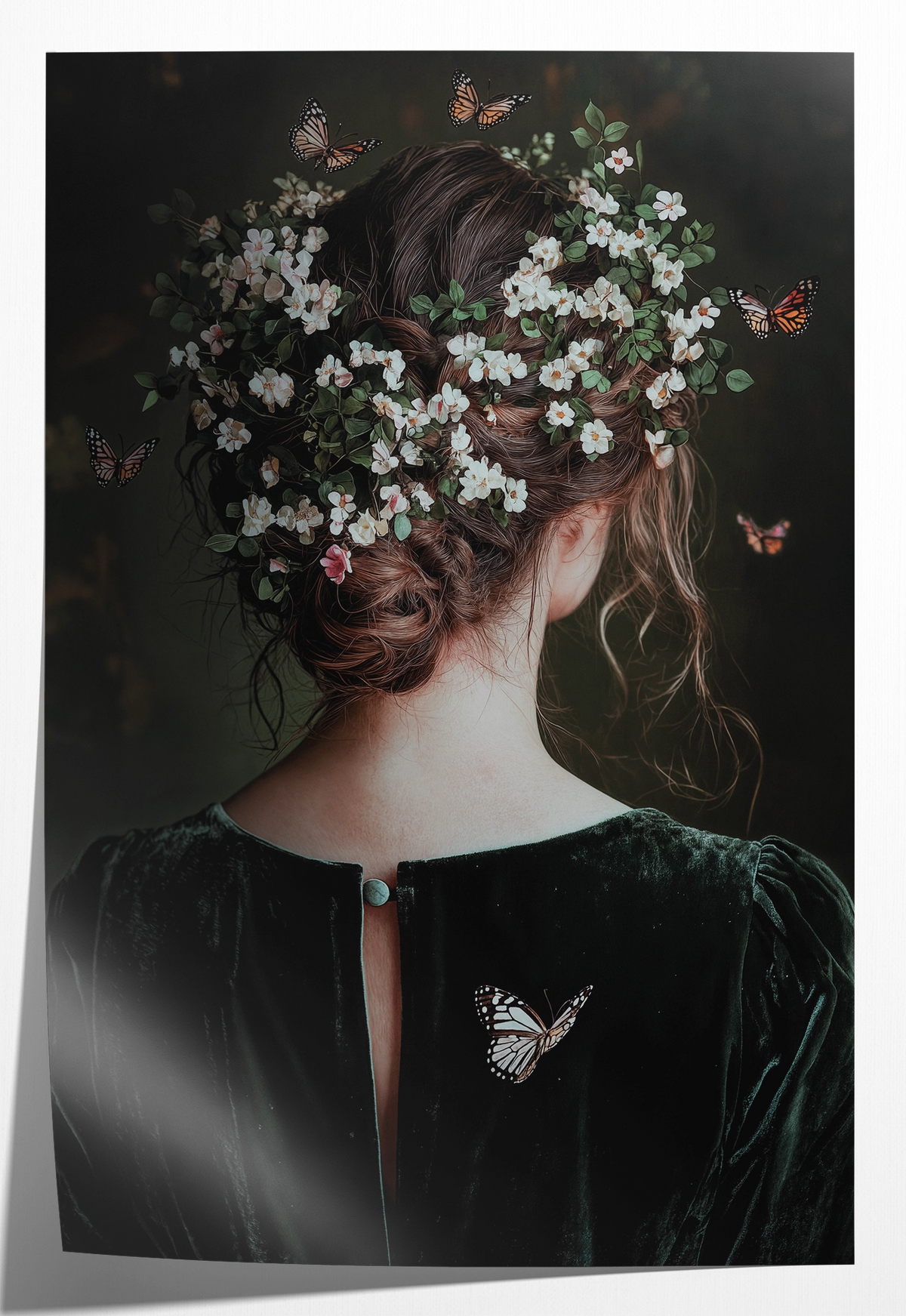 Papieren poster Selma: vrouw van achteren met bloemen en vlinders in het haar.