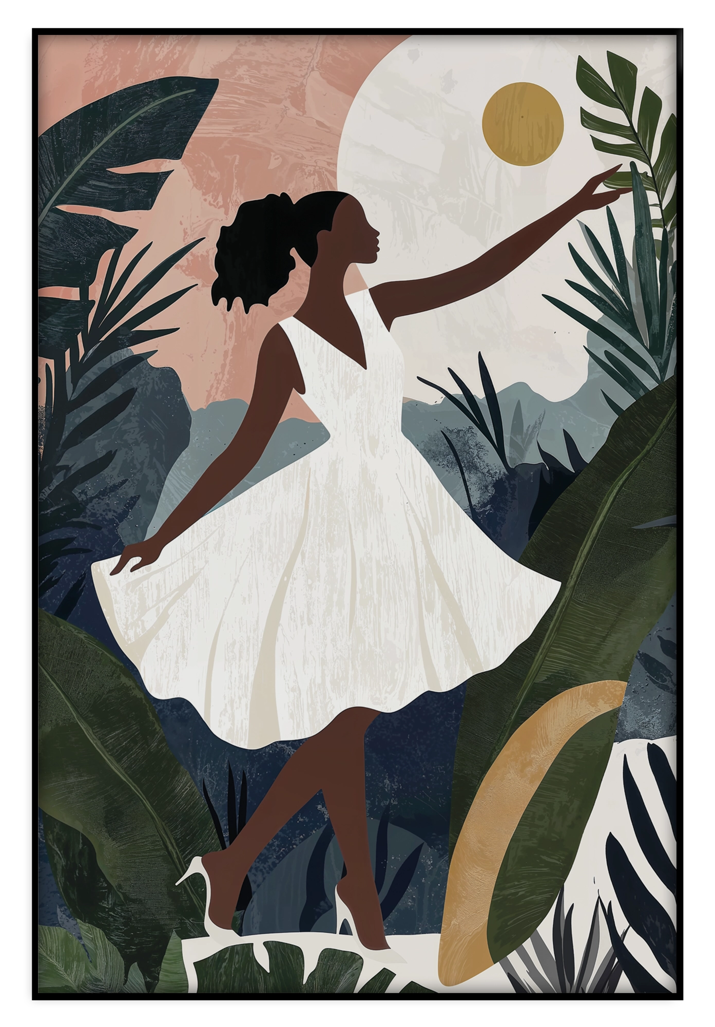 Artframe Sophia: vrouw in witte jurk tussen tropische bladeren met een gele zon.