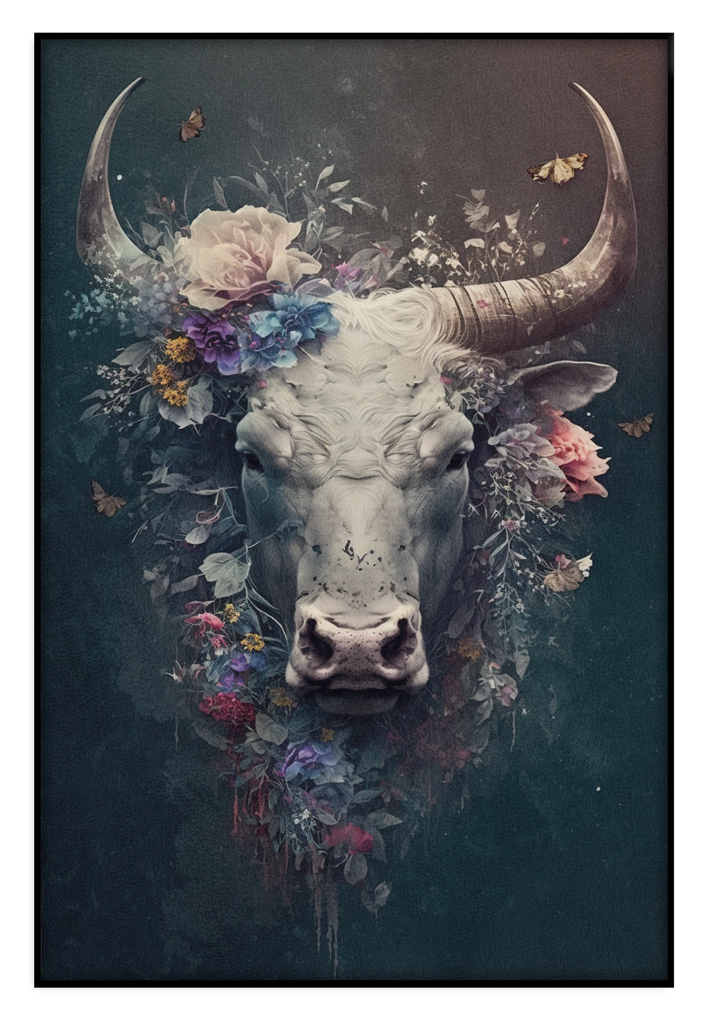 Akoestisch paneel Bull: stierenkop met grote hoorns en kleurrijke bloemen.