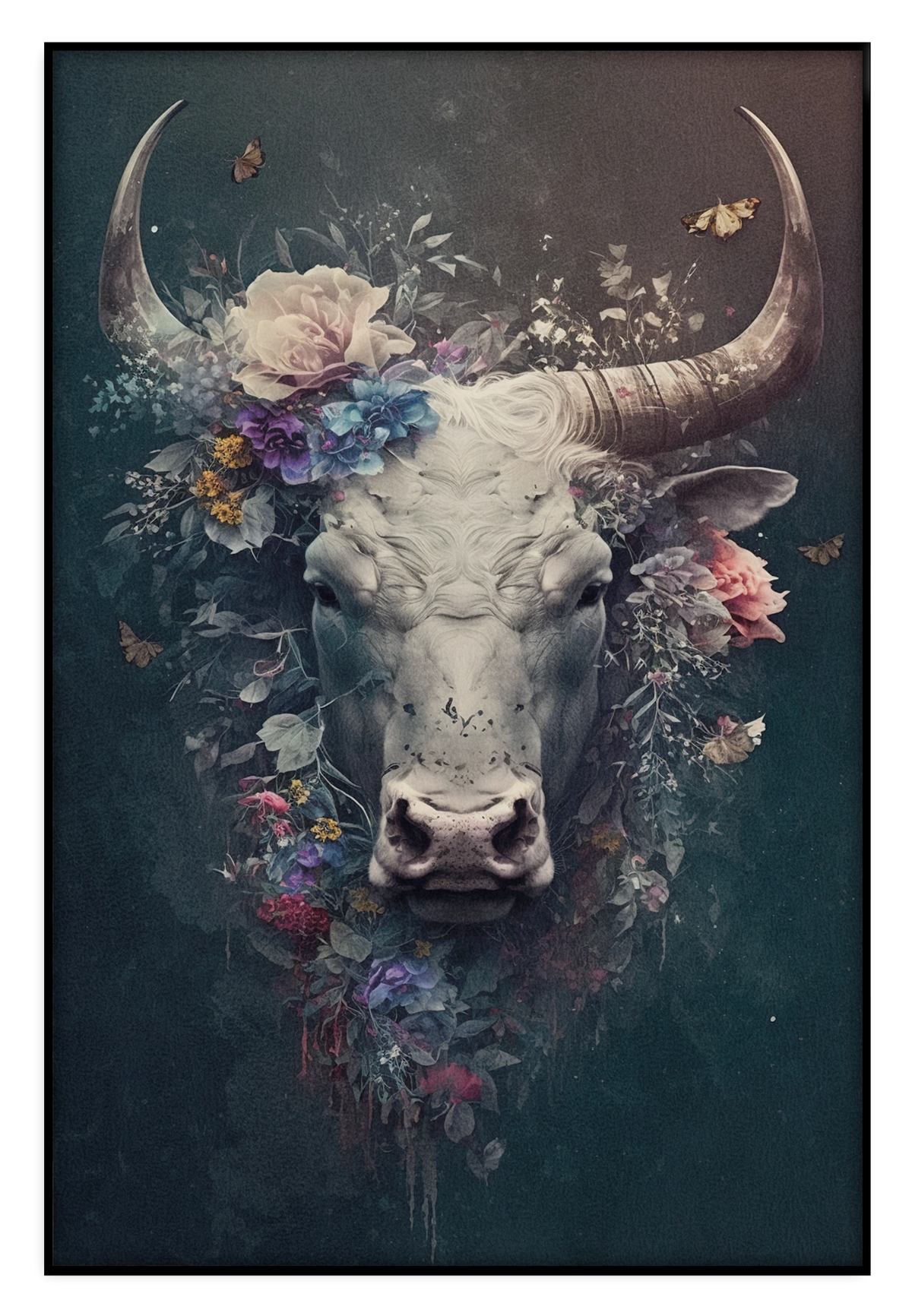 Akoestisch paneel Bull: stierenkop met grote hoorns en kleurrijke bloemen.