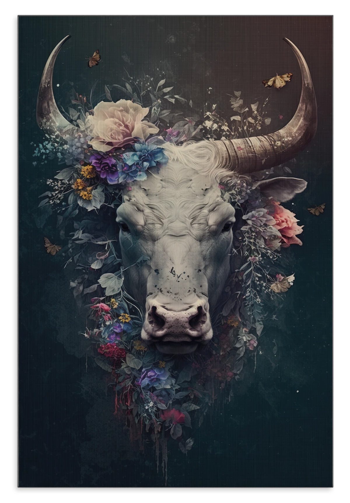 Aluminium Dibond schilderij Bull: stierenkop met grote hoorns en kleurrijke bloemen.