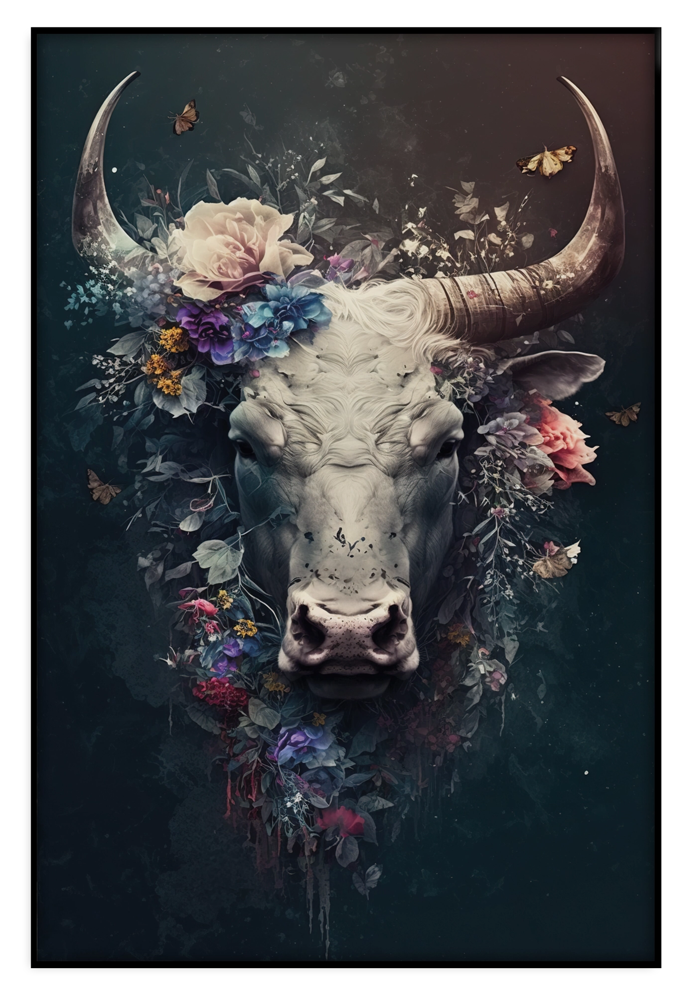 Artframe Bull: stierenkop met grote hoorns en kleurrijke bloemen.