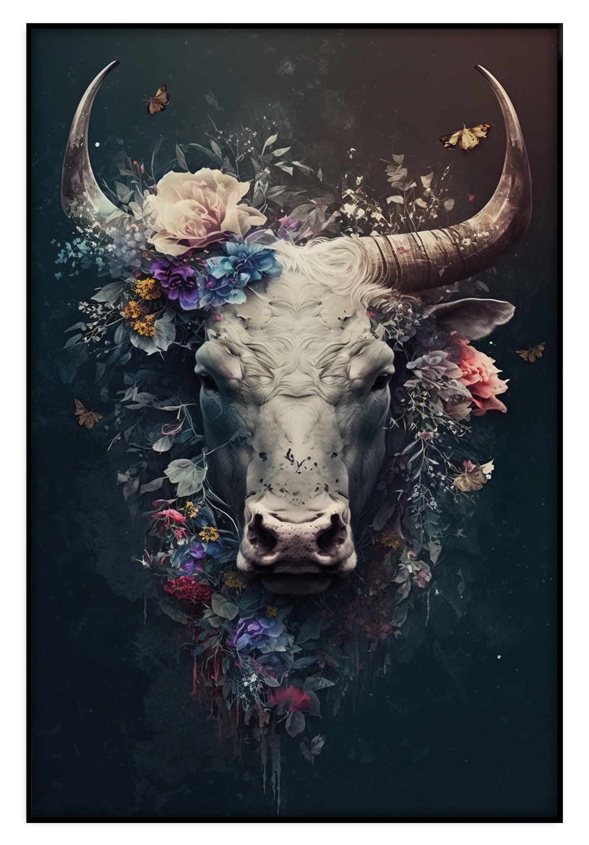 Artframe Bull: stierenkop met grote hoorns en kleurrijke bloemen.