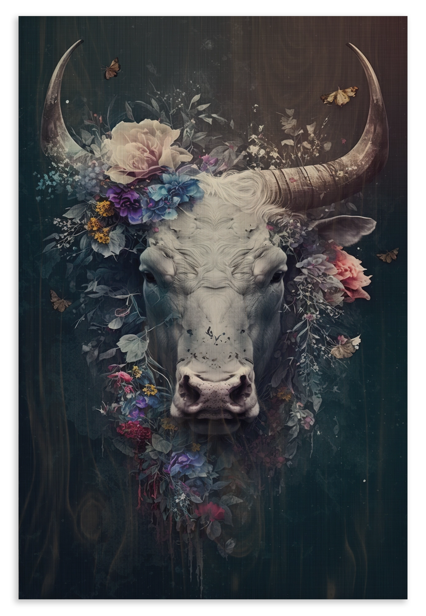 Houten wanddecoratie Bull: stierenkop met grote hoorns en kleurrijke bloemen.