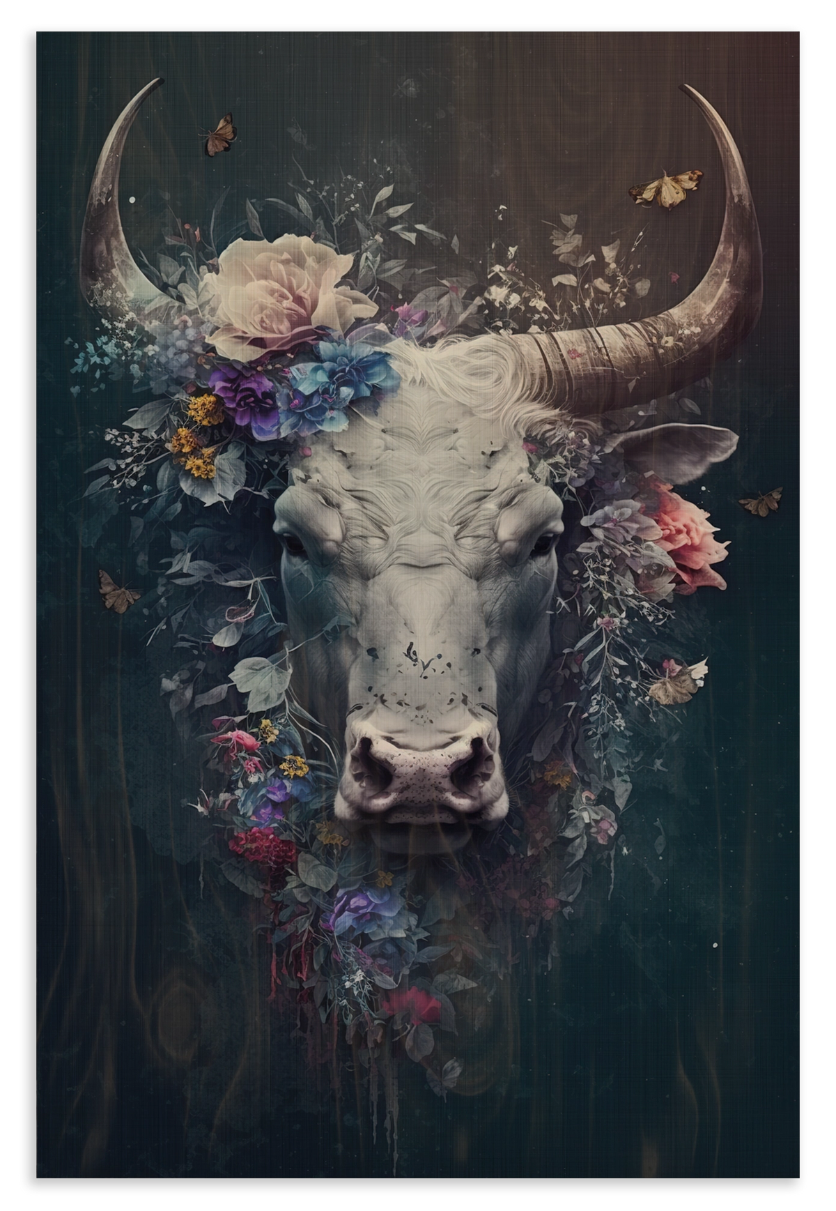 Houten wanddecoratie Bull: stierenkop met grote hoorns en kleurrijke bloemen.