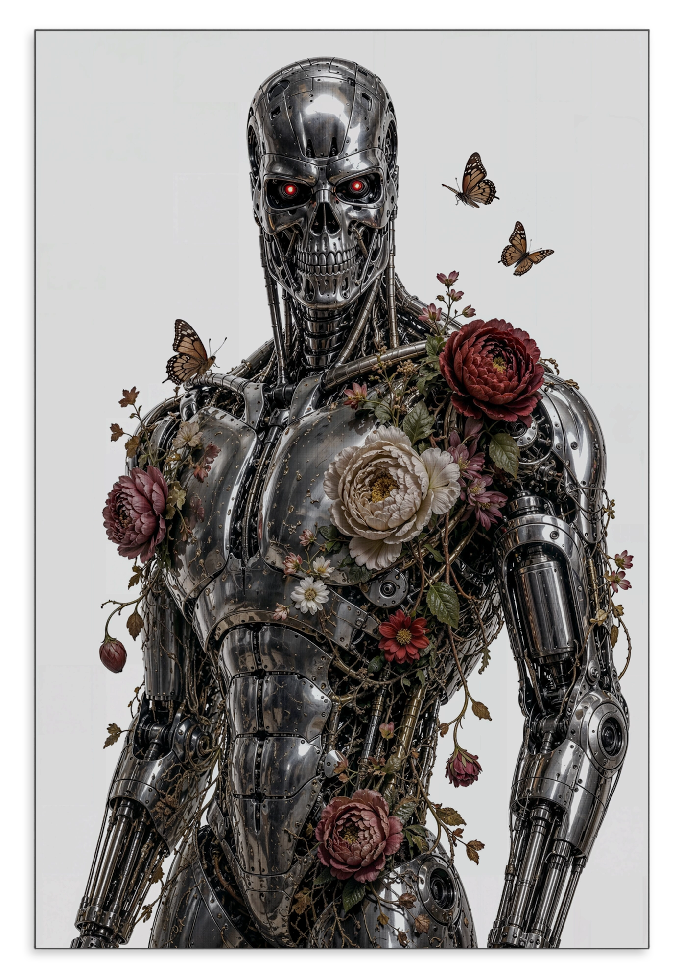 Aluminium Dibond schilderij T100 met bloemen: metalen robot met rozen en vlinders tegen een lichte achtergrond.