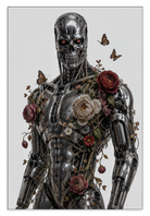 Aluminium Dibond schilderij T100 met bloemen: metalen robot met rozen en vlinders tegen een lichte achtergrond.