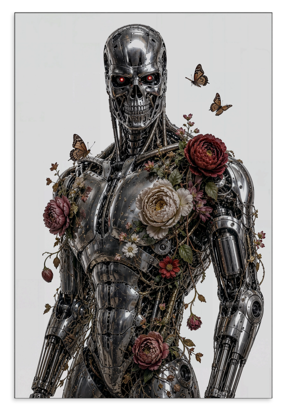 Aluminium Dibond schilderij T100 met bloemen: metalen robot met rozen en vlinders tegen een lichte achtergrond.