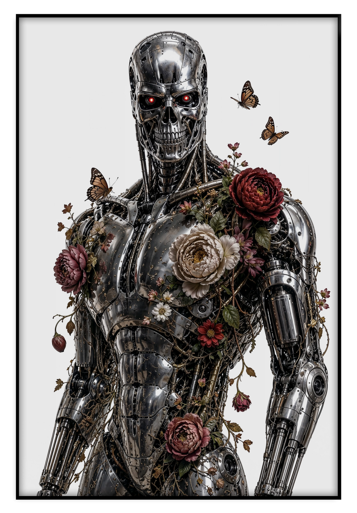 Artframe T100 met bloemen: metalen robot met rozen en vlinders tegen een lichte achtergrond.