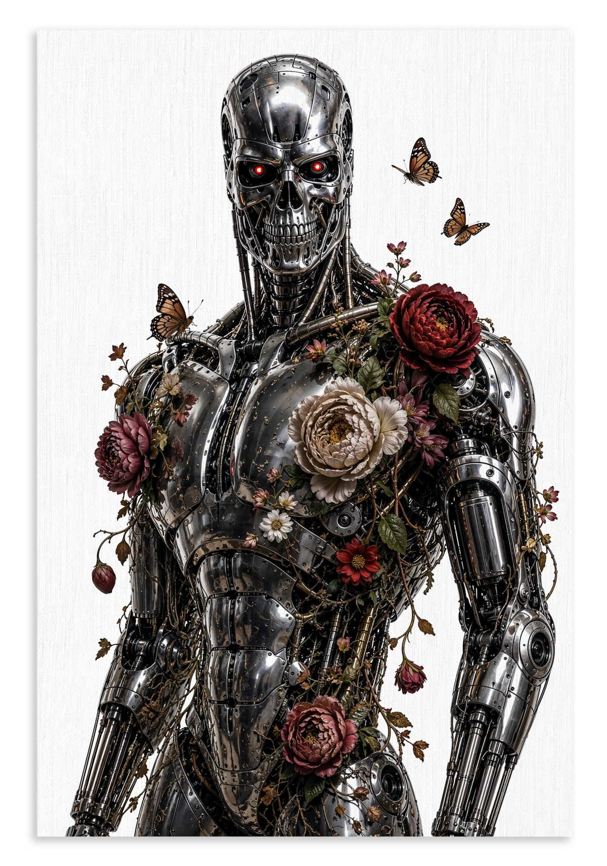 Canvas schilderij T100 met bloemen: metalen robot met rozen en vlinders tegen een lichte achtergrond.