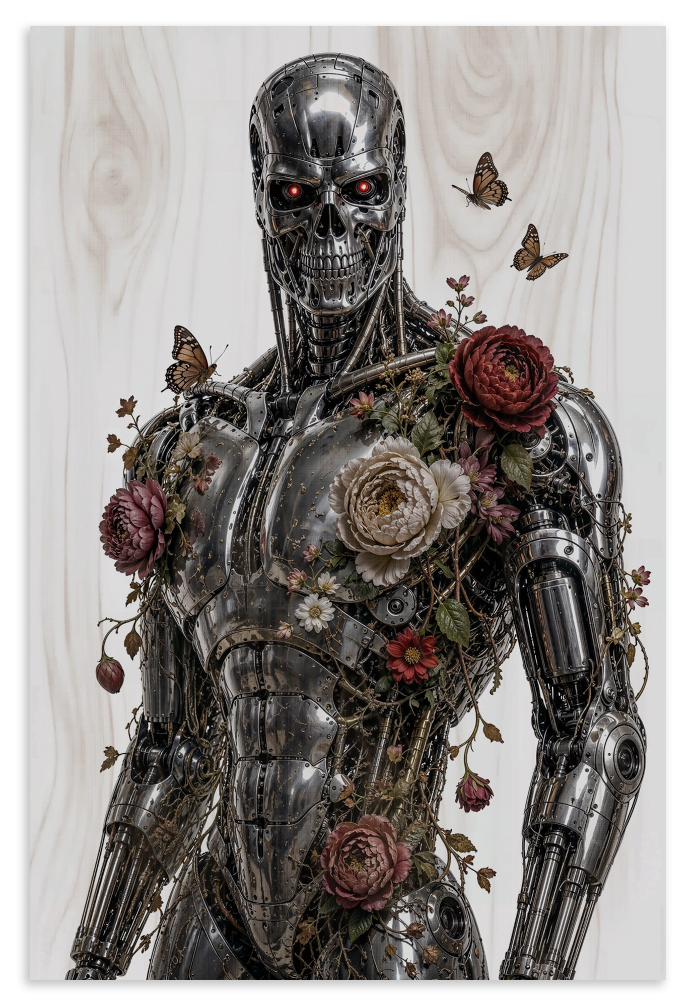 Houten wanddecoratie T100 met bloemen: metalen robot met rozen en vlinders tegen een lichte achtergrond.