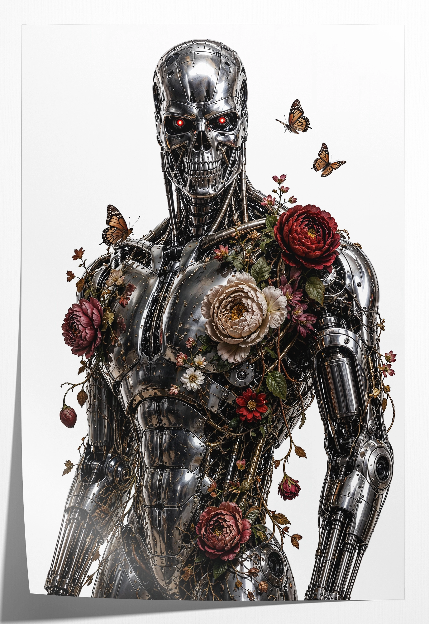 Papieren poster T100 met bloemen: metalen robot met rozen en vlinders tegen een lichte achtergrond.