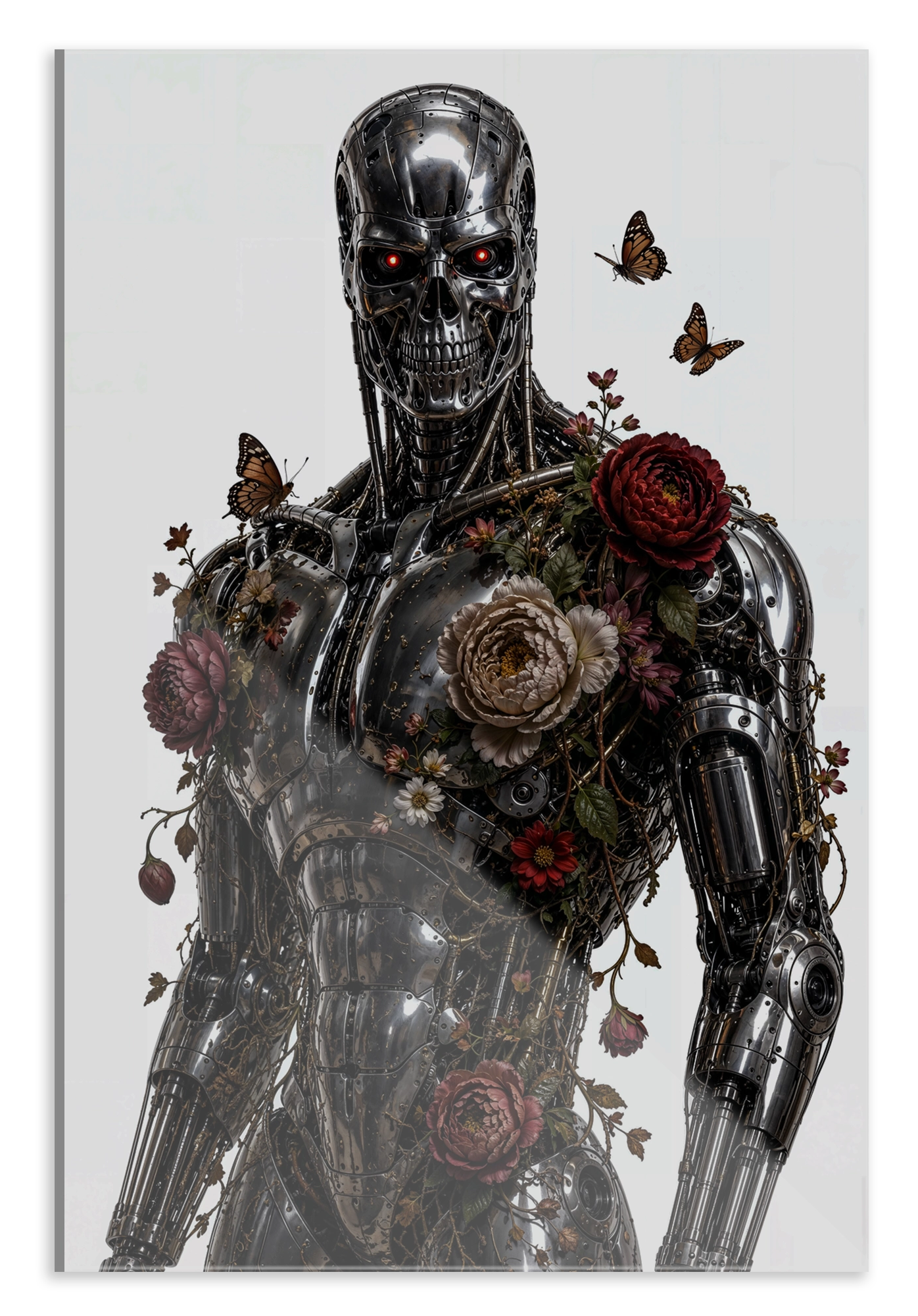 Plexiglas schilderij T100 met bloemen: metalen robot met rozen en vlinders tegen een lichte achtergrond.
