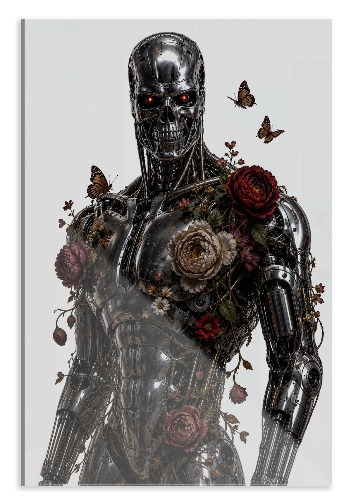 Plexiglas schilderij T100 met bloemen: metalen robot met rozen en vlinders tegen een lichte achtergrond.