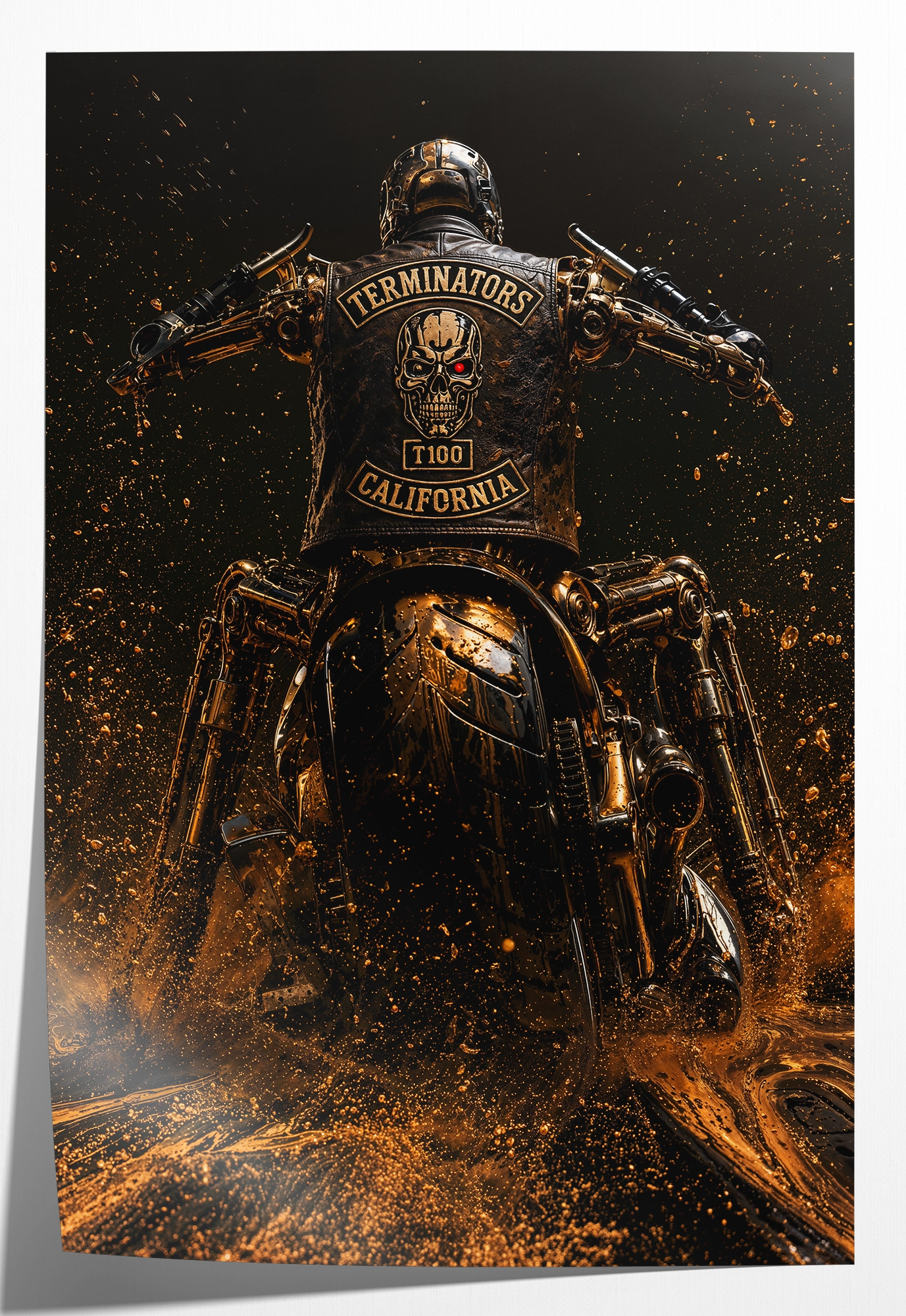Papieren poster T100 op motor: robot op een motor van achteren in donkere goudbruine tinten.