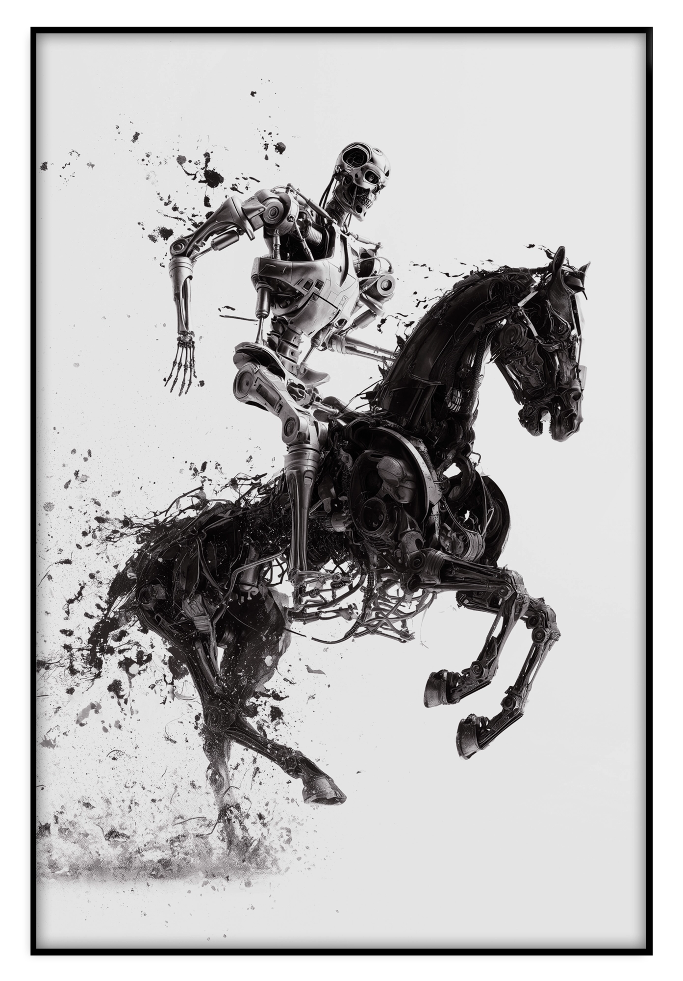 Artframe T100 op paard: metalen robot op een steigerend paard in zwart-wit.