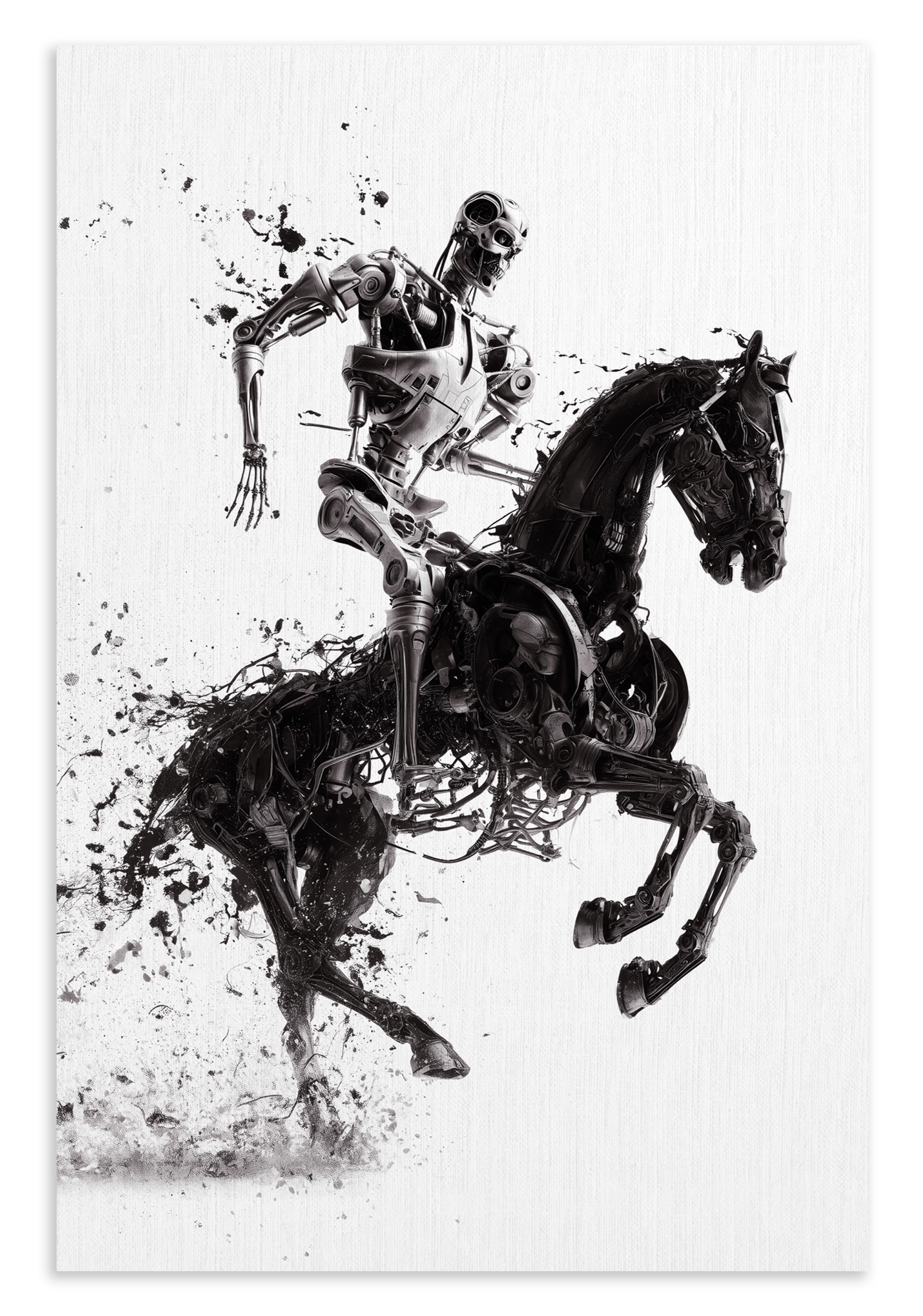 Canvas schilderij T100 op paard: metalen robot op een steigerend paard in zwart-wit.