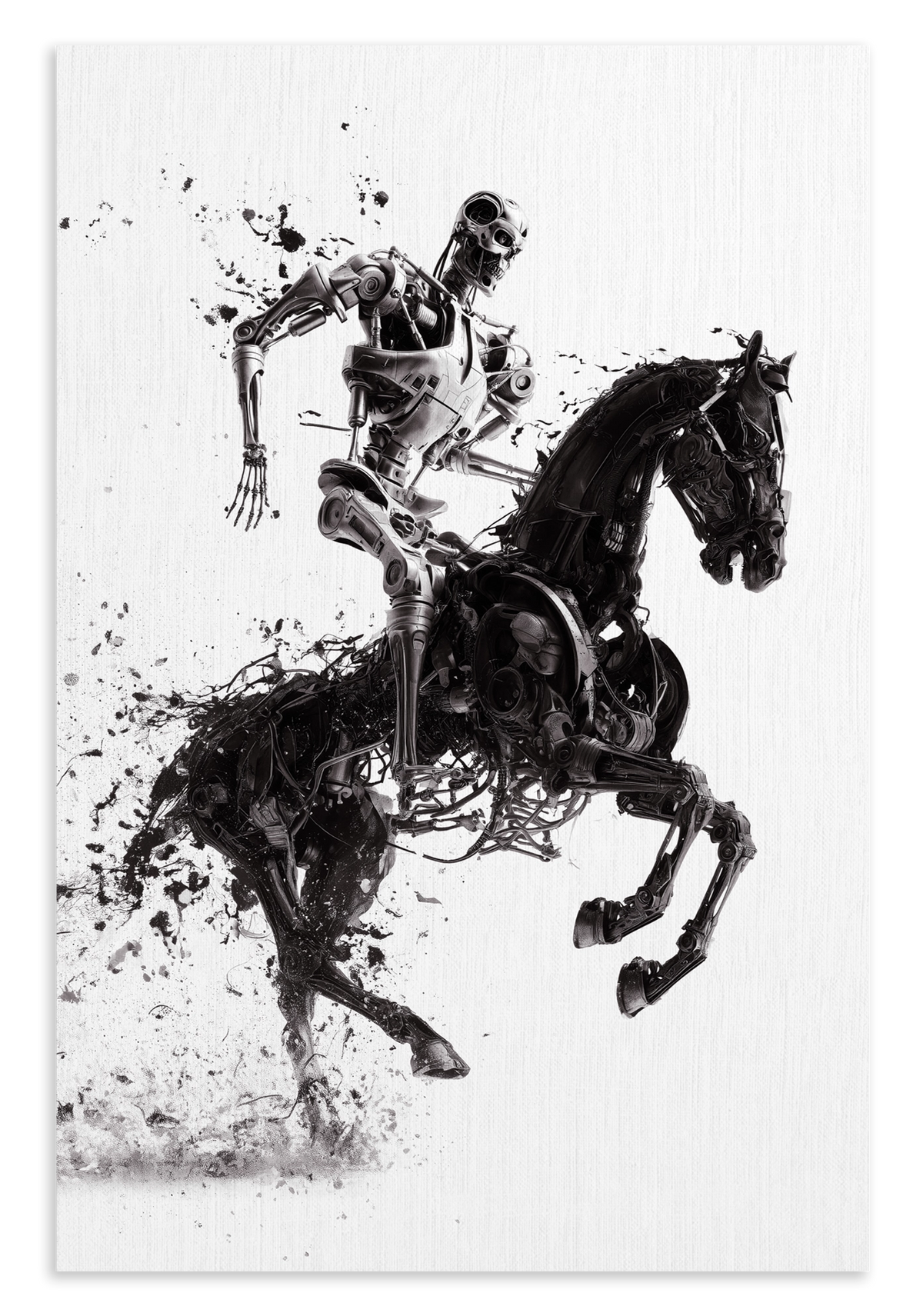 Canvas schilderij T100 op paard: metalen robot op een steigerend paard in zwart-wit.