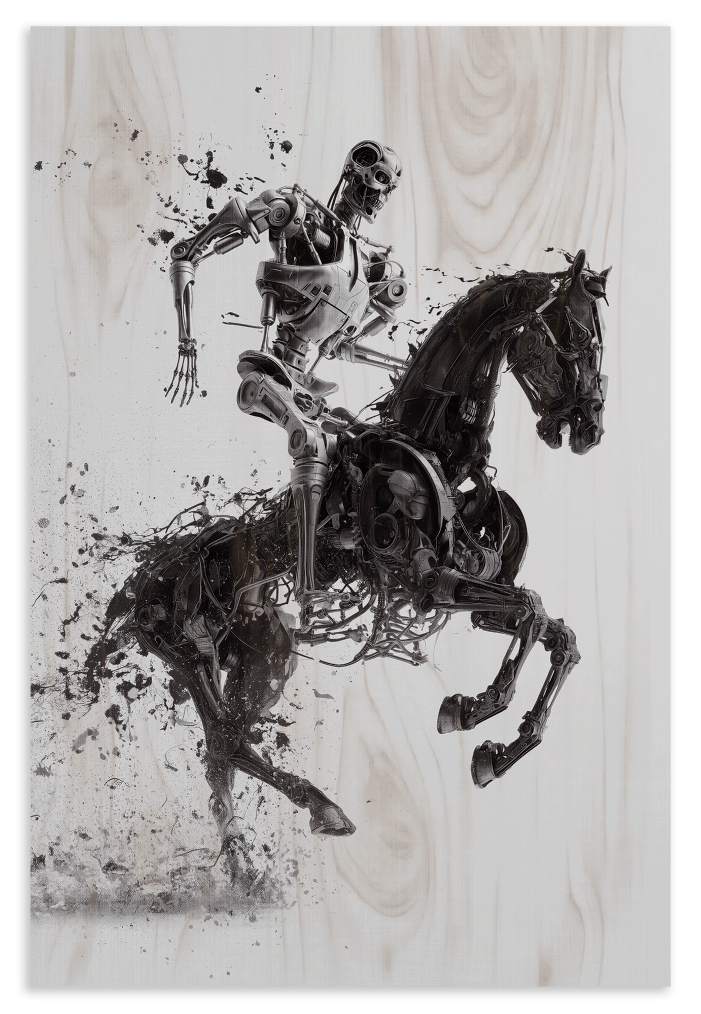 Houten wanddecoratie T100 op paard: metalen robot op een steigerend paard in zwart-wit.