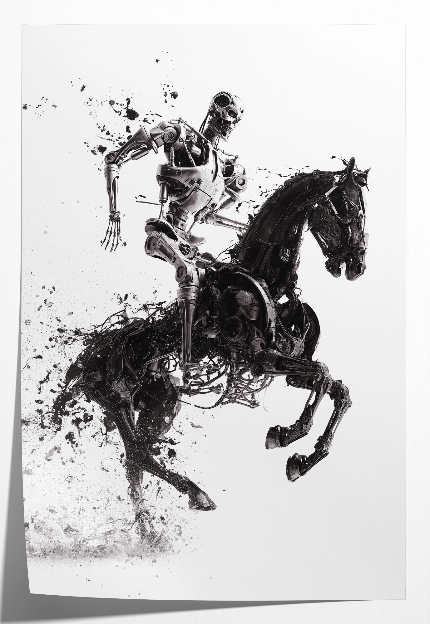 Papieren poster T100 op paard: metalen robot op een steigerend paard in zwart-wit.