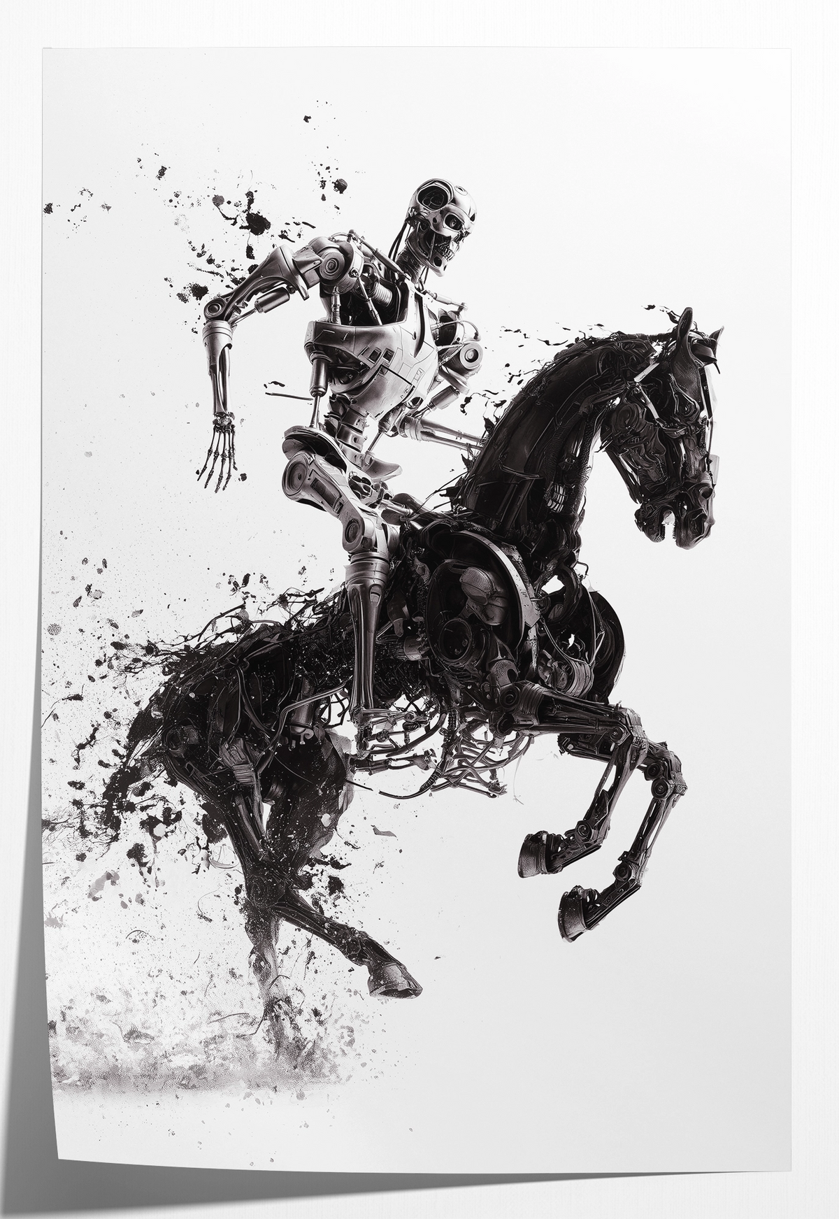 Papieren poster T100 op paard: metalen robot op een steigerend paard in zwart-wit.