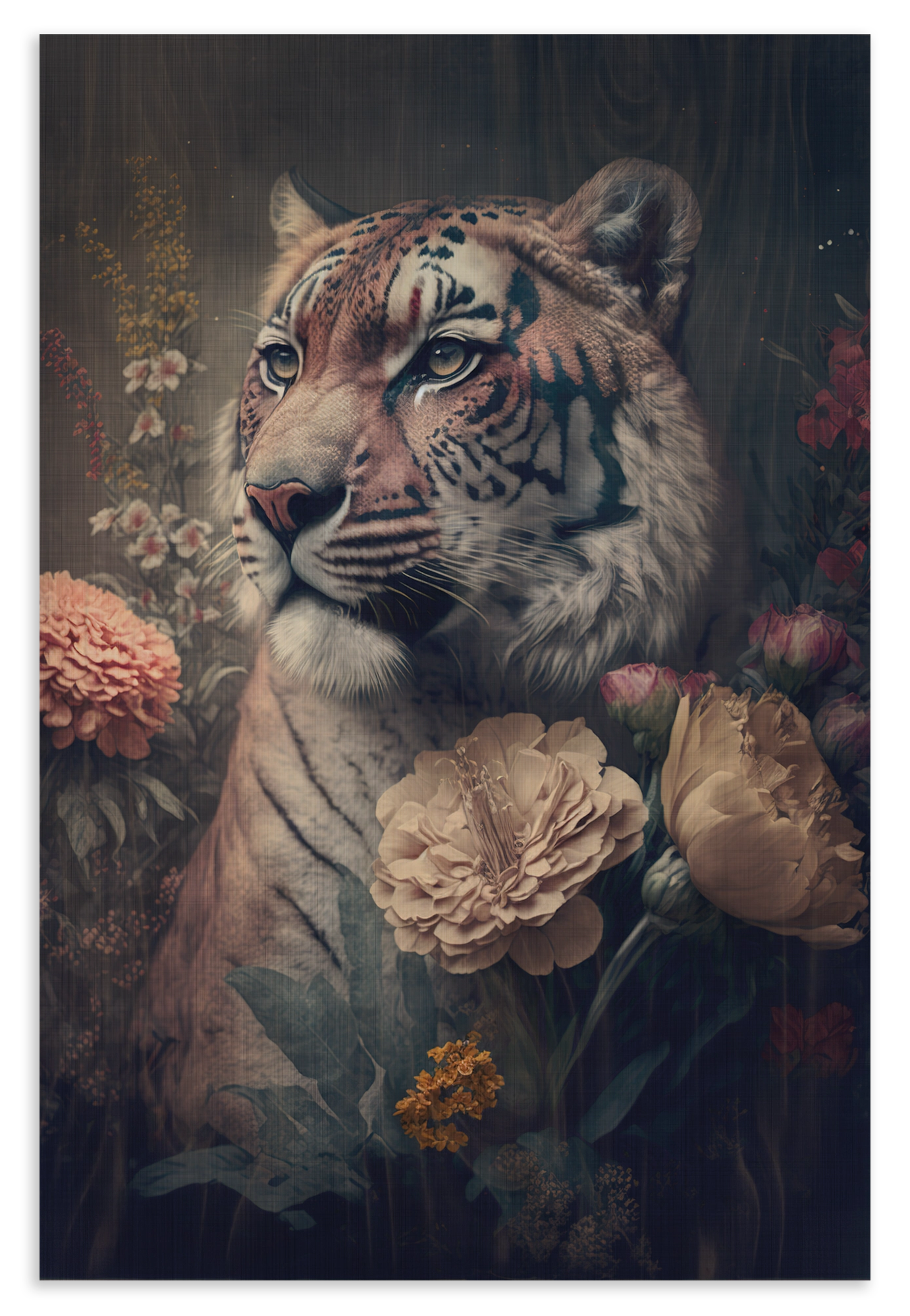 Houten wanddecoratie Tijger: tijgerportret tussen bloemen tegen een donkere achtergrond.