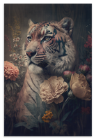 Houten wanddecoratie Tijger: tijgerportret tussen bloemen tegen een donkere achtergrond.
