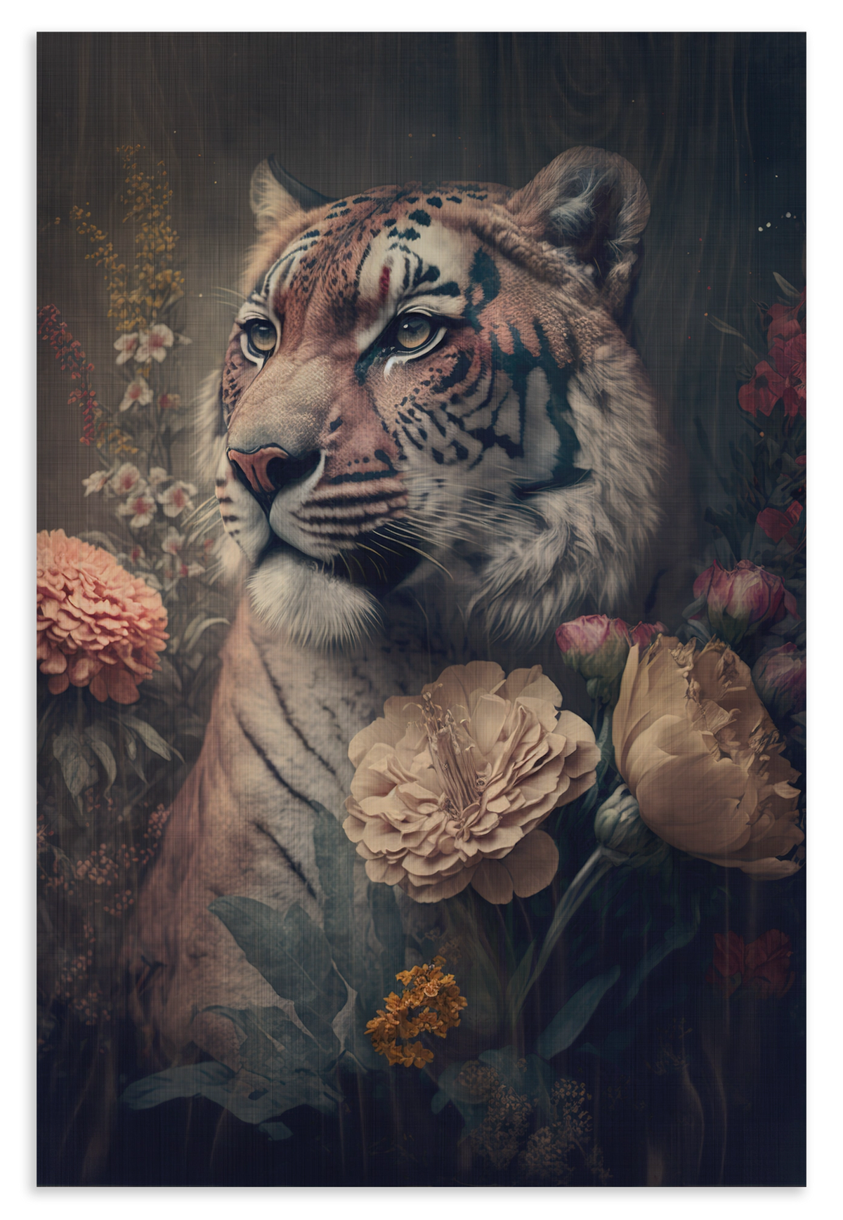 Houten wanddecoratie Tijger: tijgerportret tussen bloemen tegen een donkere achtergrond.