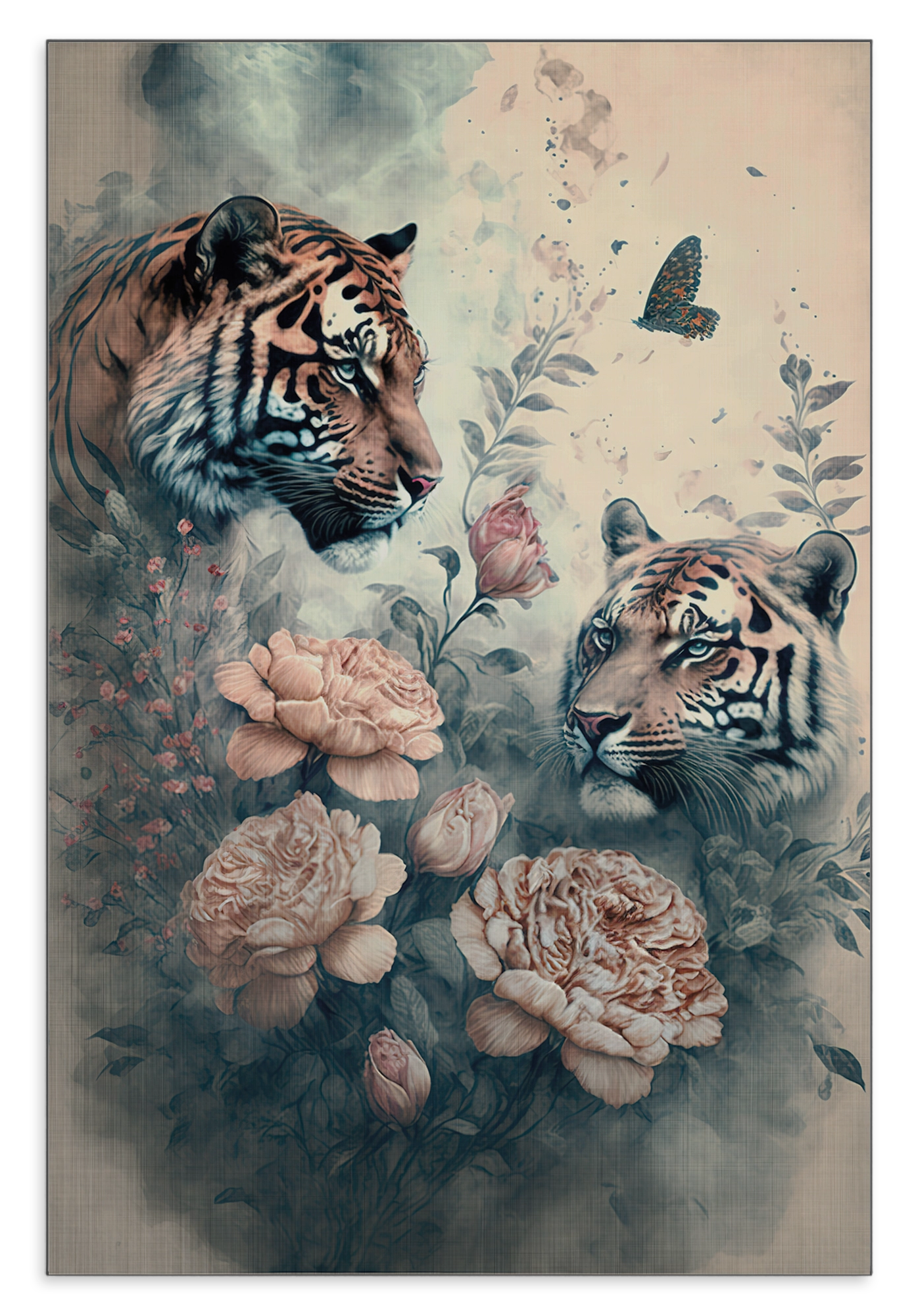 Aluminium Dibond schilderij Tijgers: twee tijgers tussen roze bloemen op een lichte achtergrond.