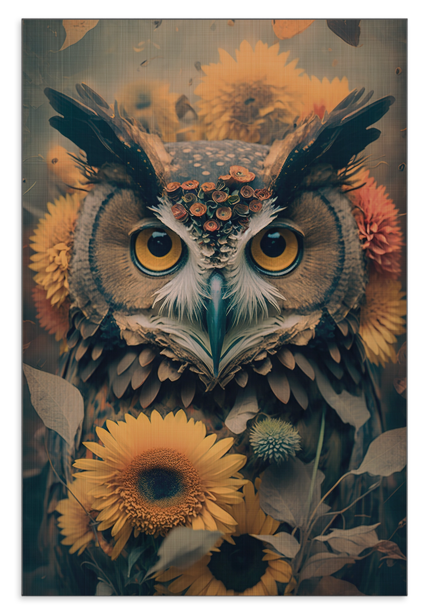 Aluminium Dibond schilderij Uil 4: uil met oranje ogen tussen zonnebloemen.