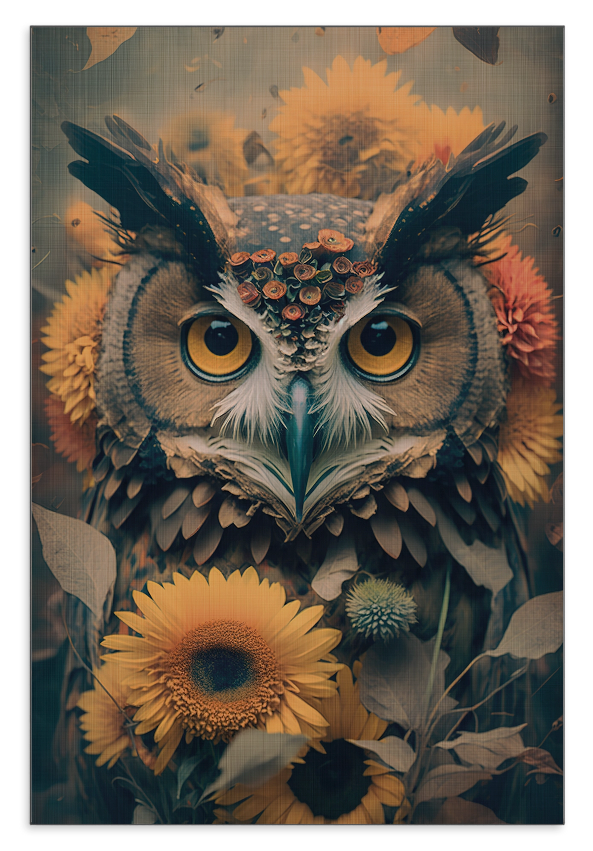 Aluminium Dibond schilderij Uil 4: uil met oranje ogen tussen zonnebloemen.