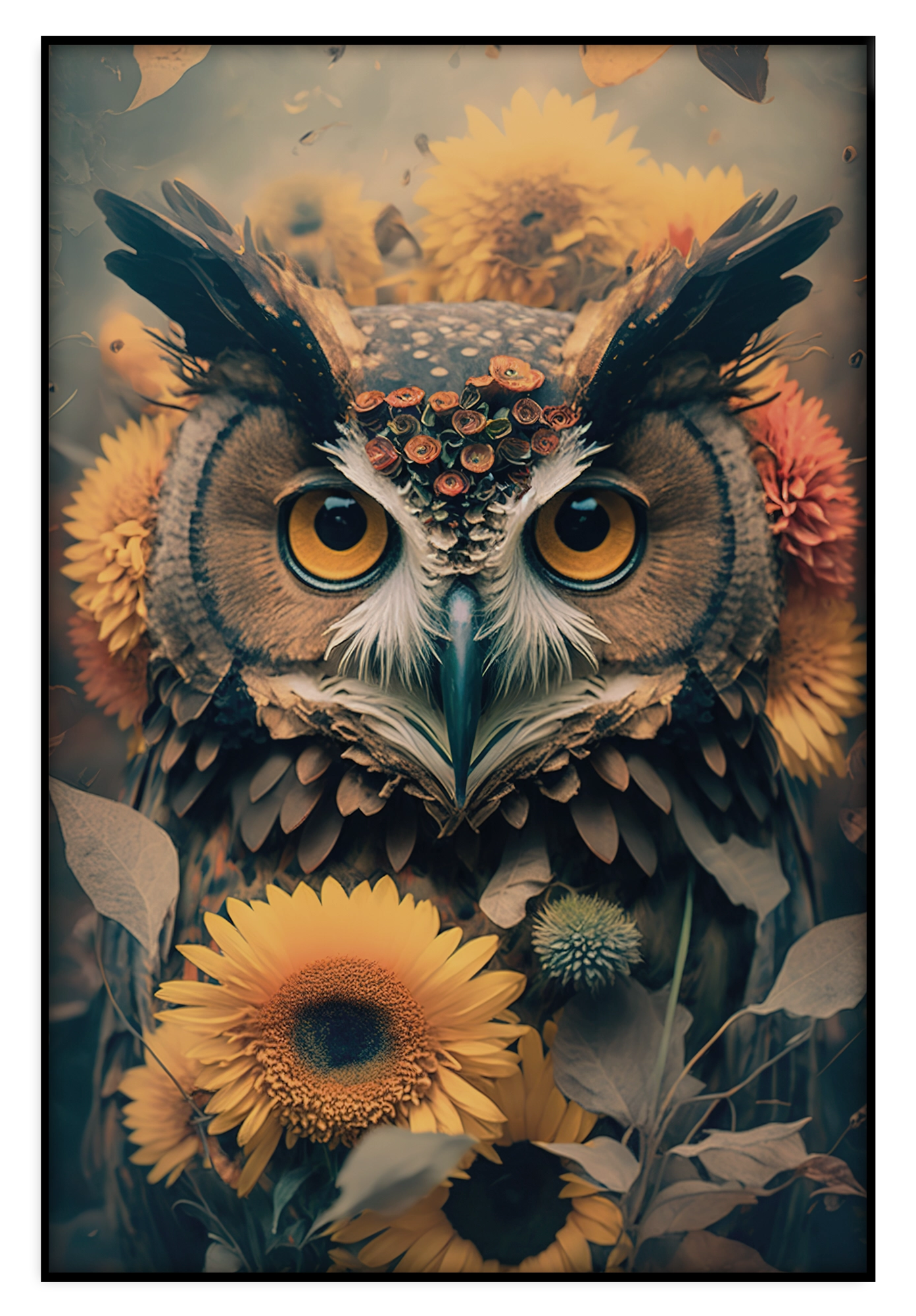 Artframe Uil 4: uil met oranje ogen tussen zonnebloemen.