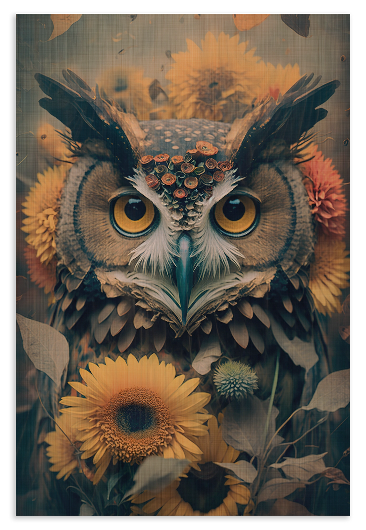 Houten wanddecoratie Uil 4: uil met oranje ogen tussen zonnebloemen.