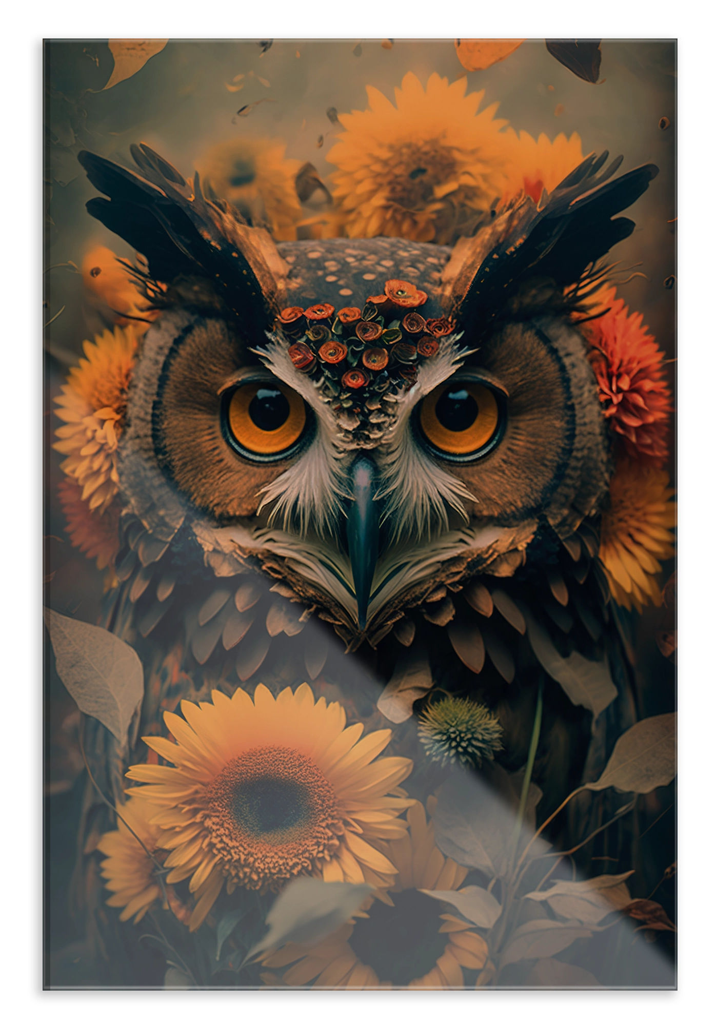Plexiglas schilderij Uil 4: uil met oranje ogen tussen zonnebloemen.