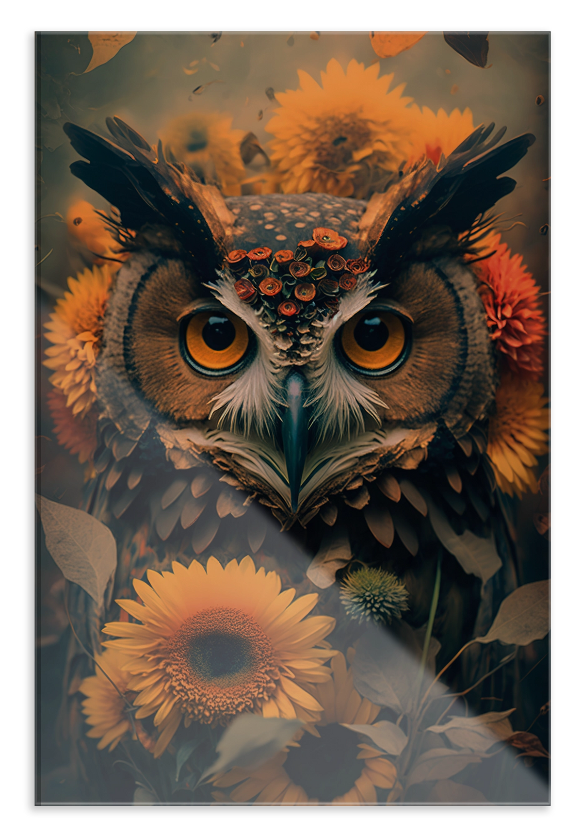 Plexiglas schilderij Uil 4: uil met oranje ogen tussen zonnebloemen.