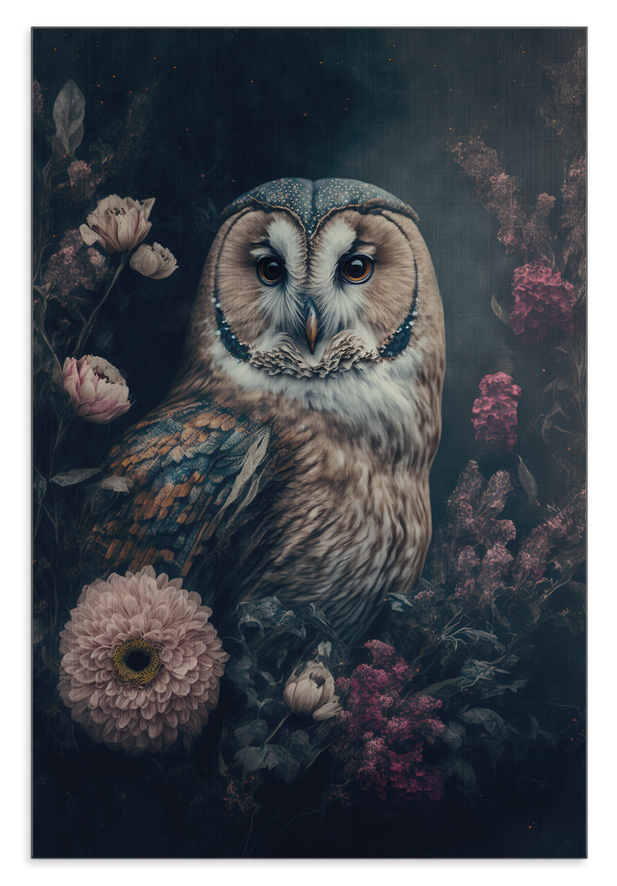 Aluminium Dibond schilderij Uil: bruine uil tussen bloemen tegen een donkere achtergrond.