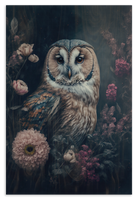 Houten wanddecoratie Uil: bruine uil tussen bloemen tegen een donkere achtergrond.