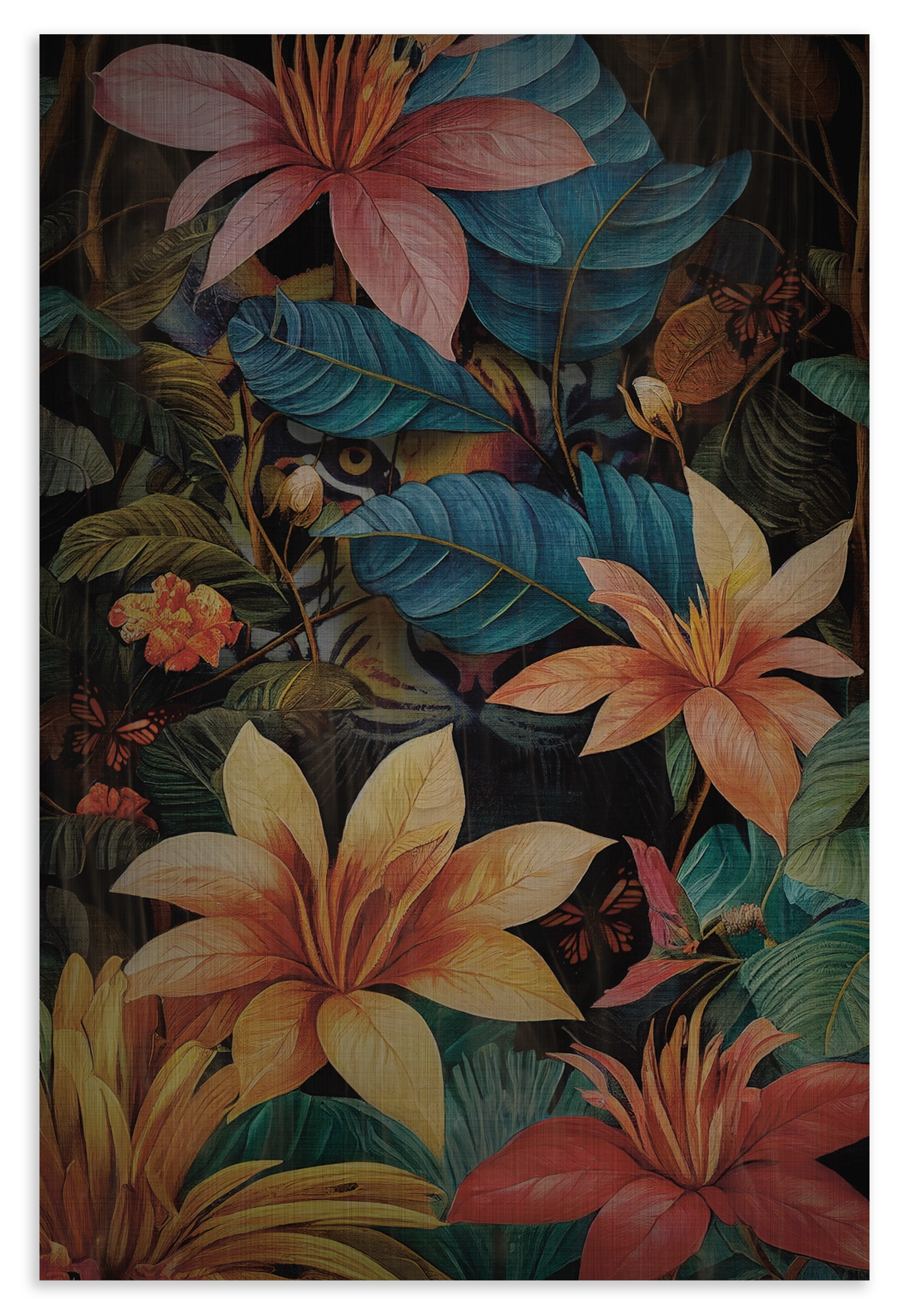 Houten wanddecoratie Jungle Tijger: tijger verscholen tussen kleurrijke tropische bladeren en bloemen.