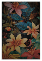 Houten wanddecoratie Jungle Tijger: tijger verscholen tussen kleurrijke tropische bladeren en bloemen.