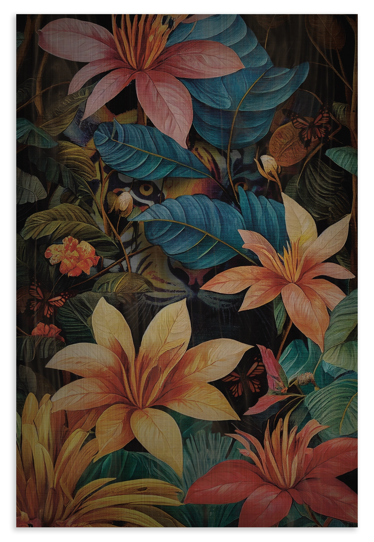 Houten wanddecoratie Jungle Tijger: tijger verscholen tussen kleurrijke tropische bladeren en bloemen.