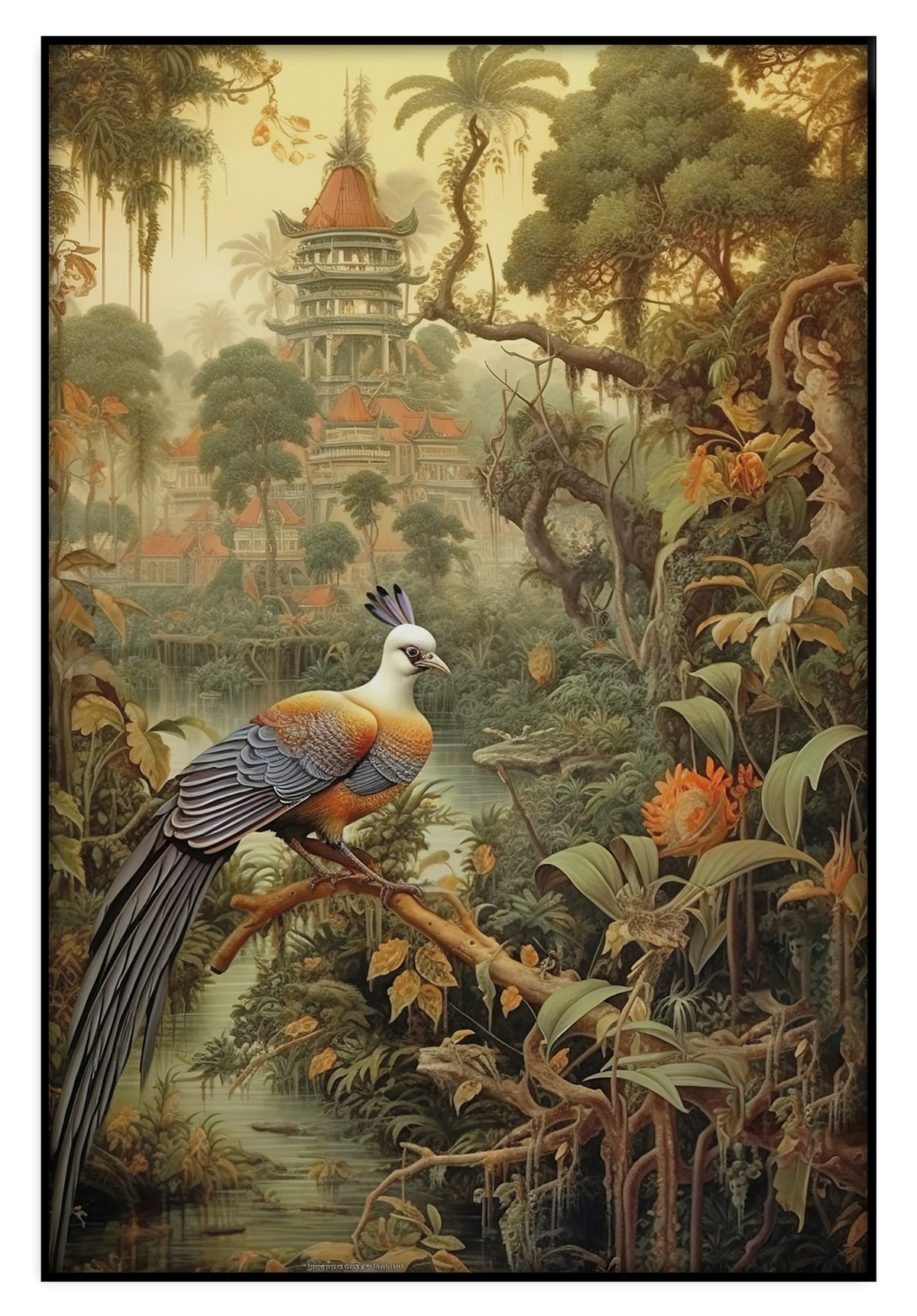 Artframe Vogel: kleurrijke vogel in een tropisch landschap met tempel.